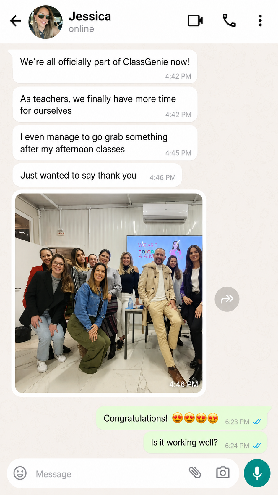 Message from a teacher thanking ClassGenie